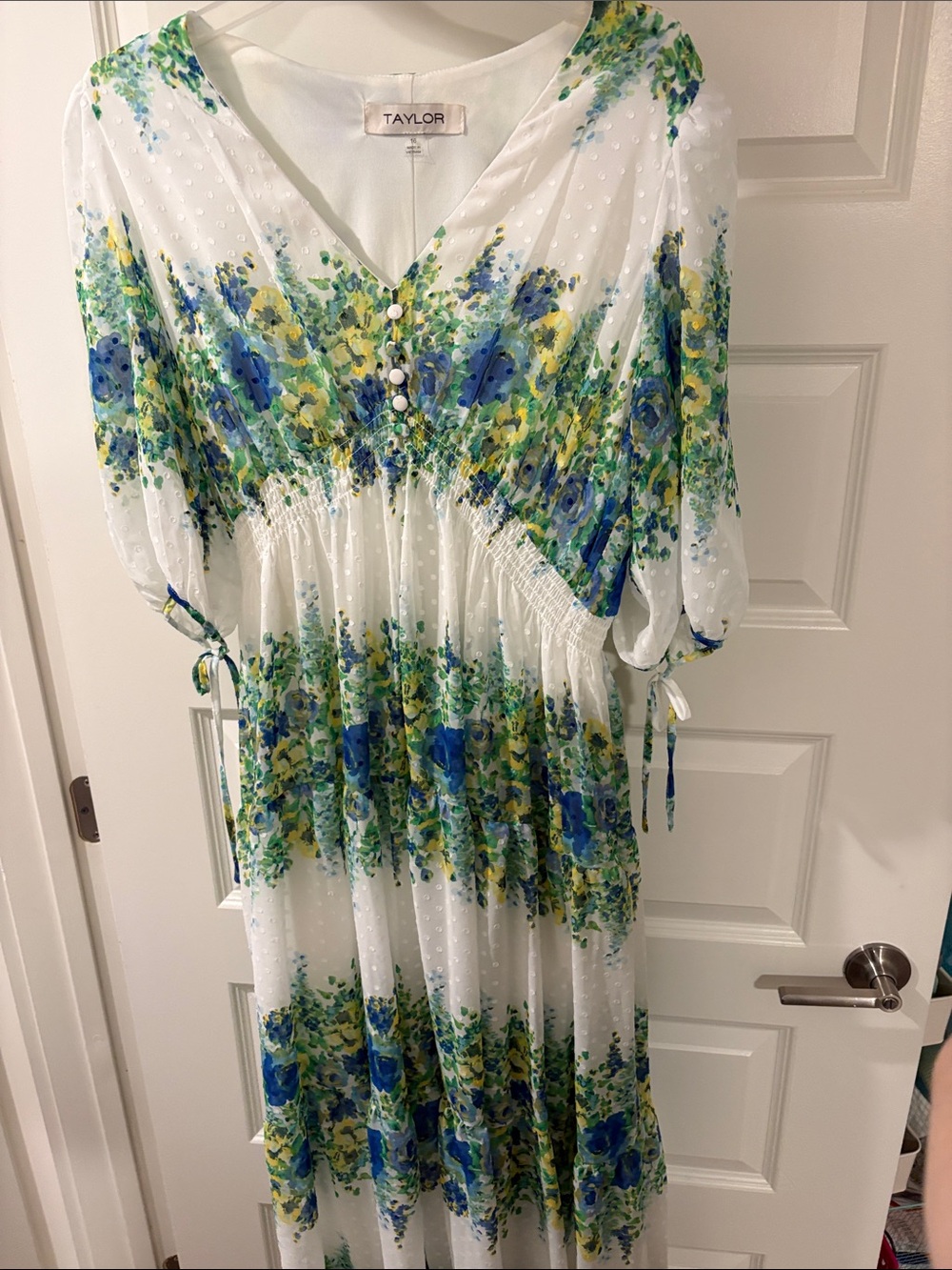 Taylor White Maxi Dress with Blue and Green Floral Print